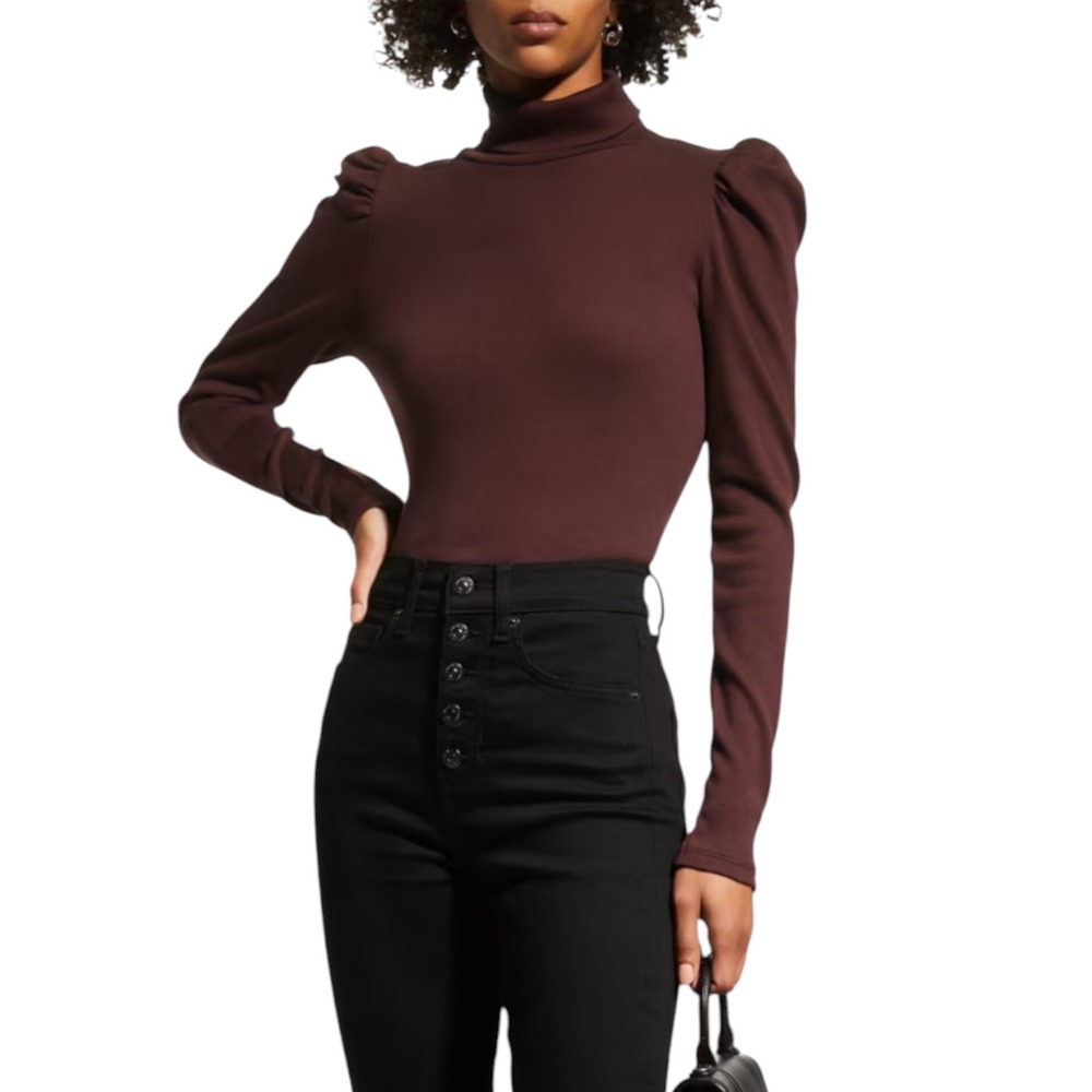 Veronica Beard Cedar Turtleneck Women SZ S Oxblood Ribbed Puff Sleeve Sweater